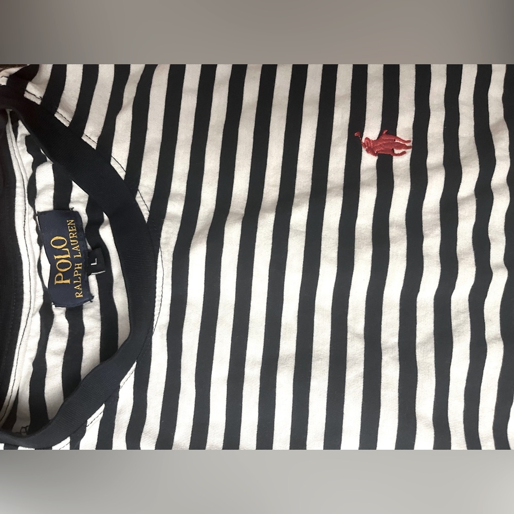 Polo Ralph Lauren striped white and dark blue tee. Red PoloRalph Lauren logo.